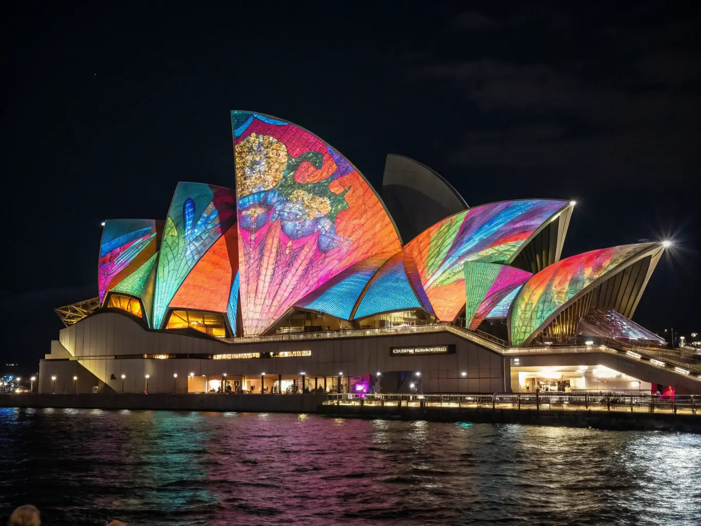A wide shot of the Sydney Opera House during Vivid Sydney, showcasing a projection mapping display that transforms the building into a dynamic work of art.