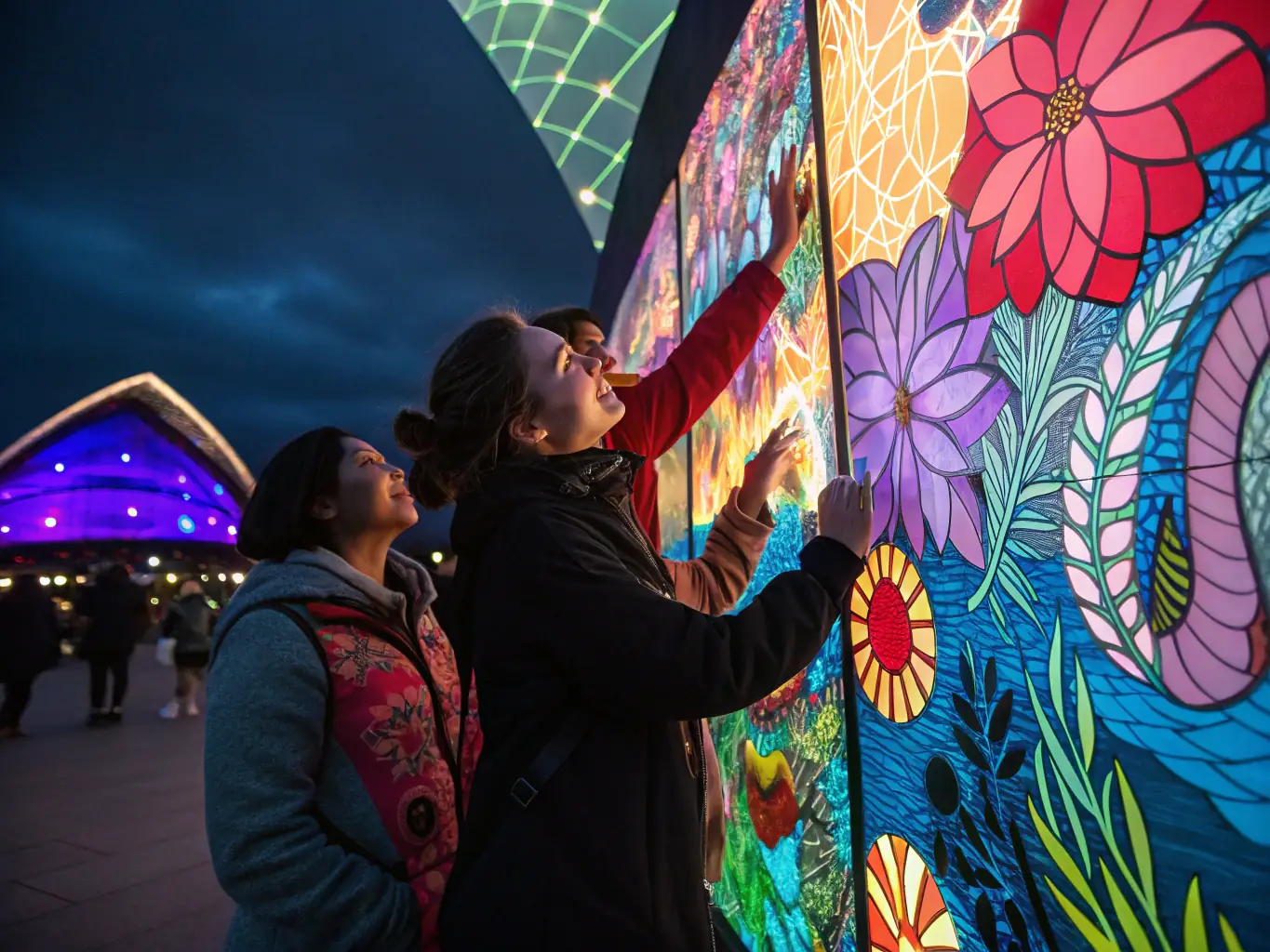 A close-up shot of an interactive light installation at Vivid Sydney, featuring people touching and engaging with the artwork, set against the dark night sky.