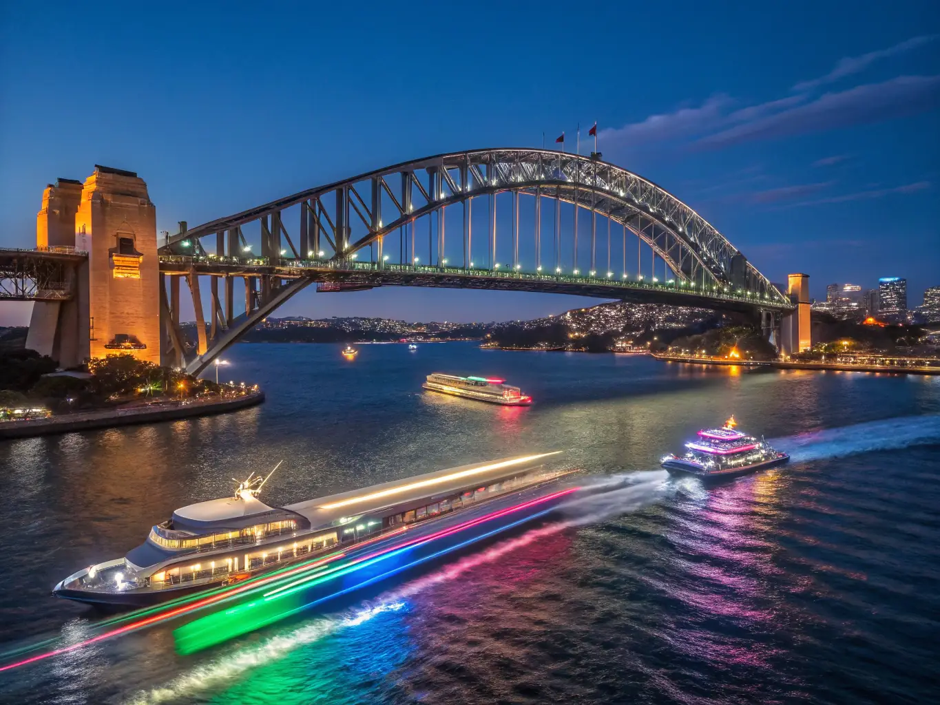 A high-angle, long exposure photograph capturing the vibrant light display on the Sydney Harbour Bridge during Vivid Sydney, with ferries leaving light trails on the water.